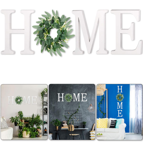 Home Letters for Wall Decor- Wooden Home Letters with Artificial Eucalyptus Wreath Modern Home Decor Wall Decor for Living Room Kitchen Entryway, Housewarming Gift, White