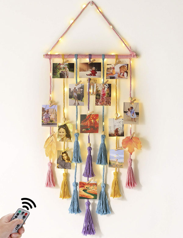 Hanging Photo Display Wall Decor - Macrame Wall Decor Hanging with Remote String Light Boho Home Decor for Apatment Bedroom Living Room Gallery, with 30 Wood Clips for Photo Collage Frame