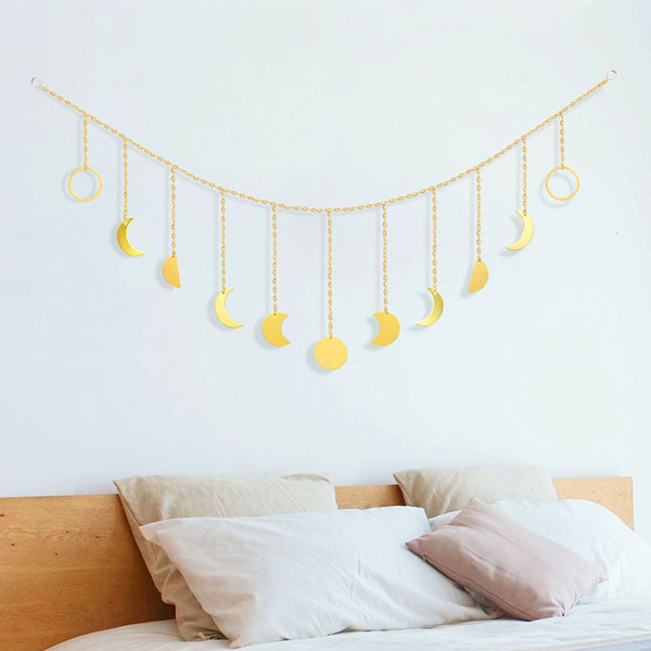 Moon Phase Wall Art Hanging - Gold Moon Phases Banner Wall Art Garland with Chains Boho Wall Decor for Bedroom Living Room Decor Apartment Dorm Office Bohemian Decor Home Decorations