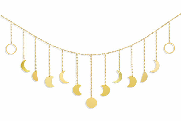 Moon Phase Decor Wall Hanging - Gold Moon Cycle Banner - Wall Art Garland with Chains Boho Wall Decor for Bedroom Headboard Living Room Apartment Dorm Nursery Room Office Home Decorations