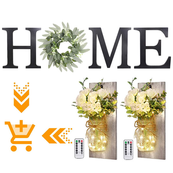 Modern Home Sign Wall Decor and Farmhouse Mason Jar Wall Sconces Set of 2, Rustic Home Decor for Living Room Bedroom Entryway Hallway Housewarming Gift