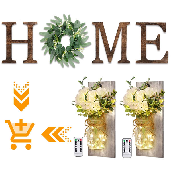 Wooden Home Decor with Artificial Eucalyptus Wreath and Farmhouse Mason Jar Wall Decor Set of 2, Rustic Home Decoration for Living Room Bedroom Entryway Hallway