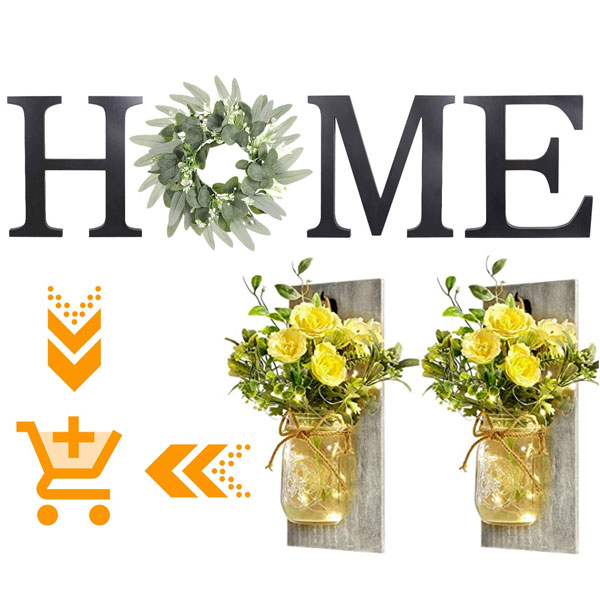 Wood Home Letters with Wreath and Farmhouse Mason Jar Wall Decor Set of 2, Rustic Home Decor for Living Room Bedroom Entryway Hallway, Housewarming Gift