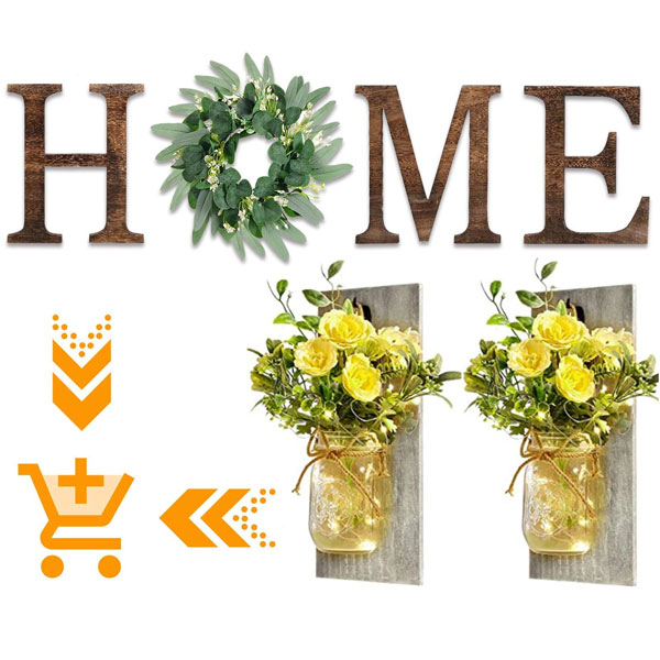 Home Sign Wall Hanging Decor with Artificial Eucalyptus Wreath and Farmhouse Mason Jar Sconces Set of 2, Rustic Home Decor for Living Room Bedroom Entryway Hallway