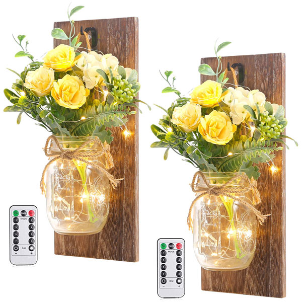 Wall Decor Mason Jar Sconces - Home Decor Wall Art Hanging Design with Remote Control LED Fairy Lights and Yellow Rose, Farmhouse Wall Decorations for Bedroom Living Room Lights Set of Two