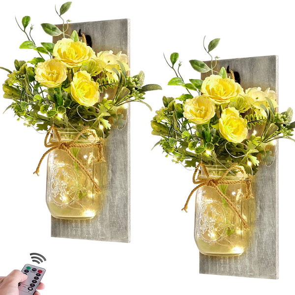 Wall Decor Mason Jar Sconces - Rustic Farmhouse Home Decor with Remote Control Wall Lights and Yellow Rose for Bedroom Wall Decor Living Room Kitchen Decorations Set of Two