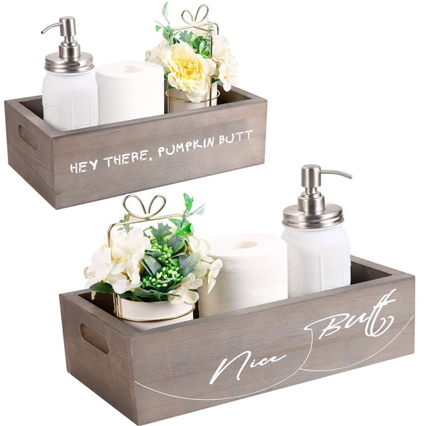 Farmhouse Bathroom Decor Box - Nice Butt Funny Signs 2 Sides for Home Decor, Rustic Bathroom Accessories Handmade Splice Toilet Tank Tray for Storage Toilet Paper, Diaper, Aromatherapy (Dark Gray)