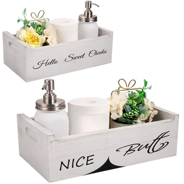 Farmhouse Bathroom Decor Box - Nice Butt Funny Signs 2 Sides for Home Decor, Rustic Bathroom Accessories Handmade Splice Toilet Tank Tray for Storage Toilet Paper, Diaper, Aromatherapy (White)