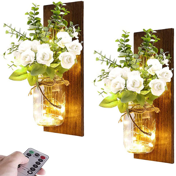 2PCS Wall Art Home Decor Mason Jar Lights Set,Wall Hanging Decorations Accessories,LED Wall Sconces with Remote Timer Artificial White Rose,for Living Room Bedroom Bathroom Kitchen Hallway and Stairs