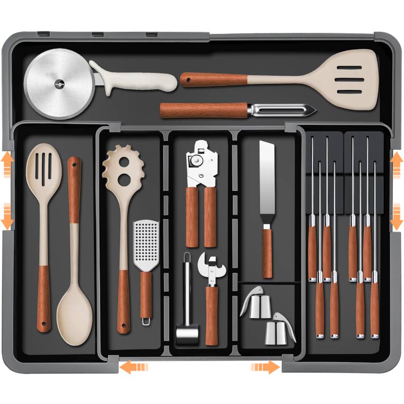 Large Utensil Drawer Organizer for Kitchen, Expandable Silverware Organizer Utensil Holder, Cutlery and Flatware Cooking Tray, Kitchen Drawer Organizers and Storage with Removable Knife Block, Black