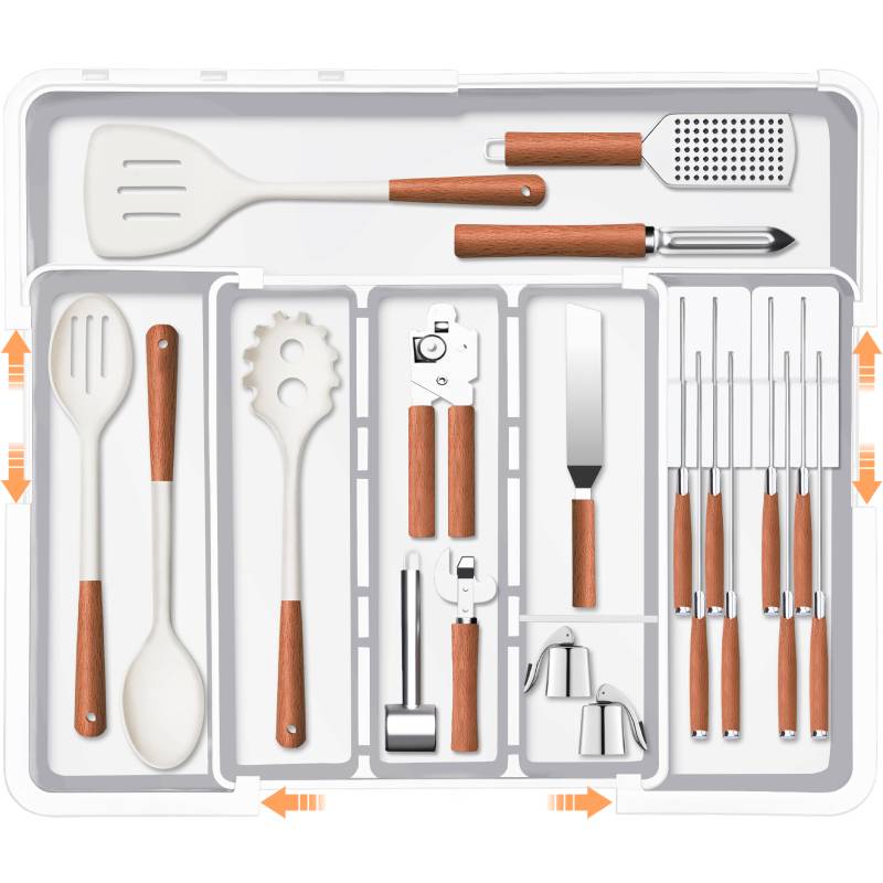 Homecor Kitchen Drawer Organizer Large Expandable Silverware Organizer, Utensil Holder and Flatware Tray, Kitchen Spatula Tools and Gadgets Storage with Removable Knife Blocks and 3 Dividers, White